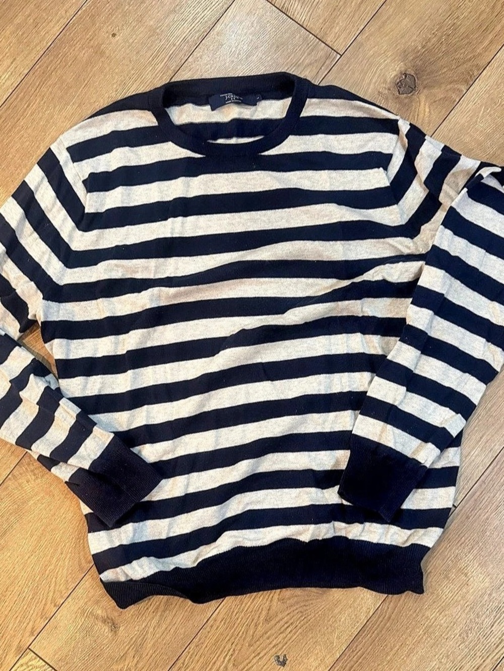 J.Crew Cotton with Cashmere Striped Crewneck Sweater Blue & White Large
